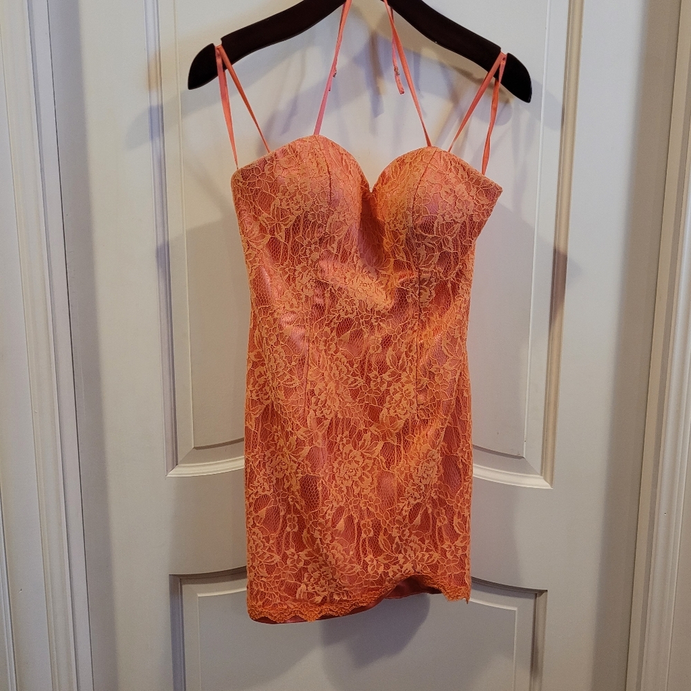 Cinderella Divine Lace Coral Dress Spaghetti Straps Ribbon Back Size 4